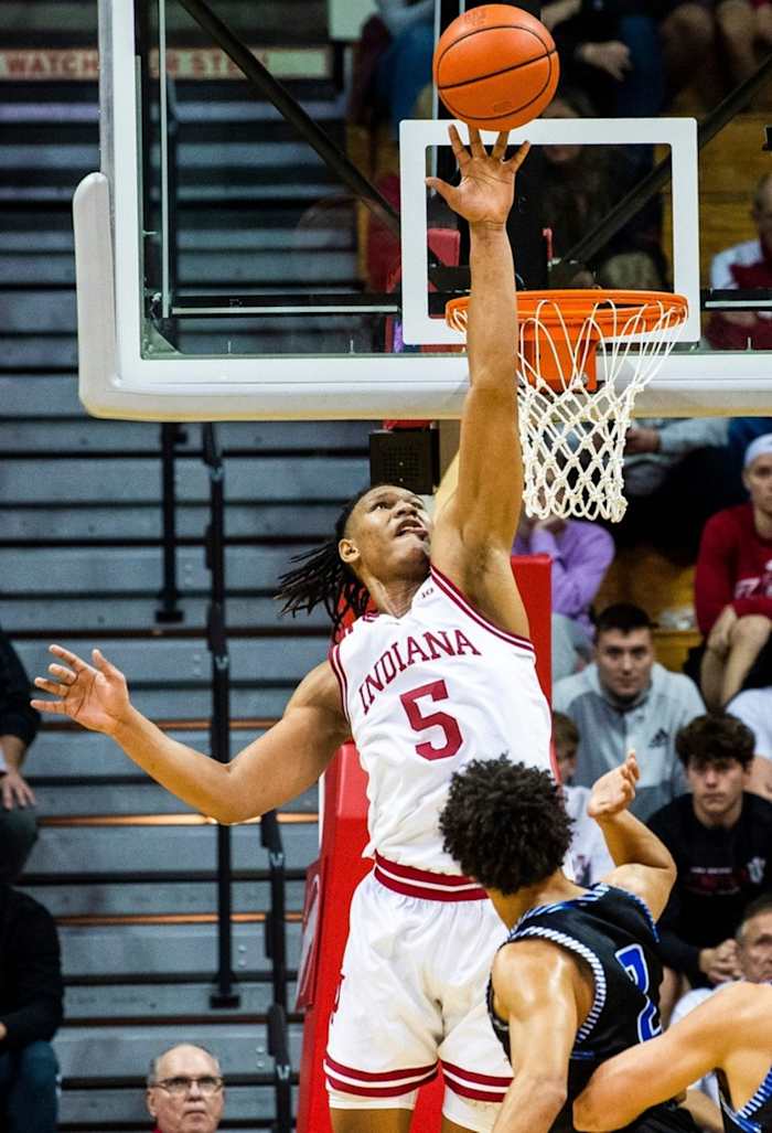 Indiana's Malik Reneau (5) blocks St. Francis' Branden Northern (2) during the Indiana versus St. Francis men's basketball game at Simon Skjodt Assembly Hall on Thursday, Nov. 3, 2022.